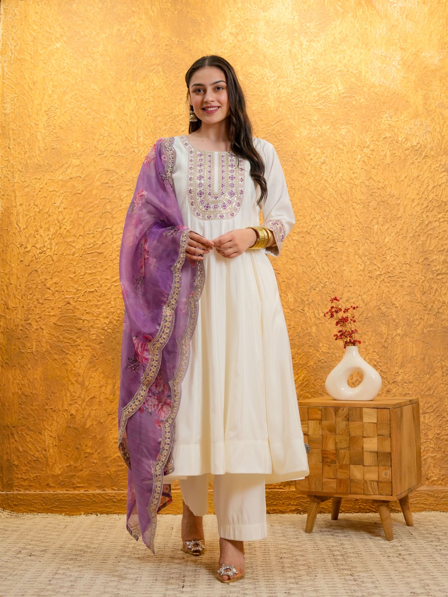 Embroidered Chanderi Solid Anarkali White Kurta