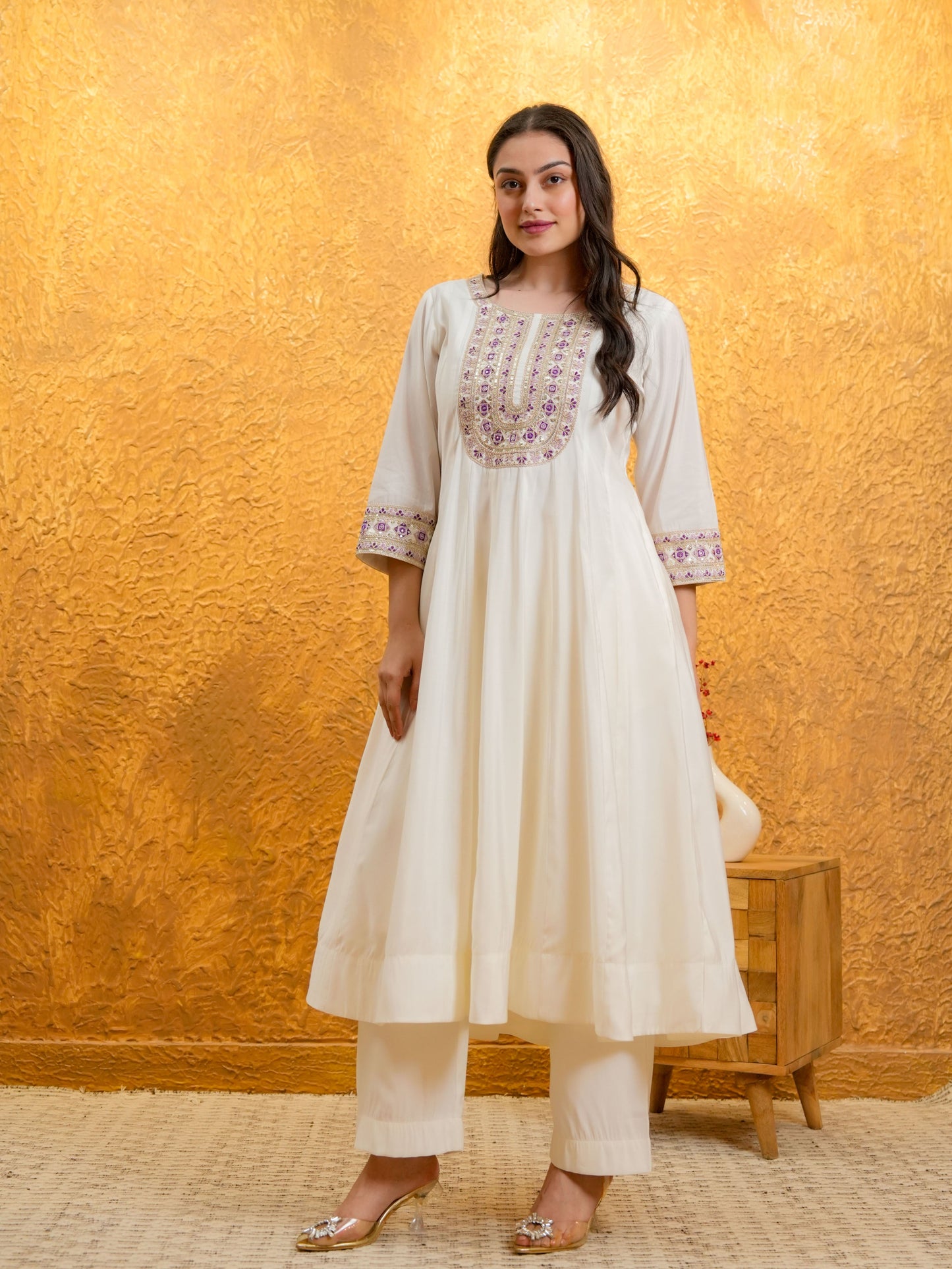 Embroidered Chanderi Solid Anarkali White Kurta