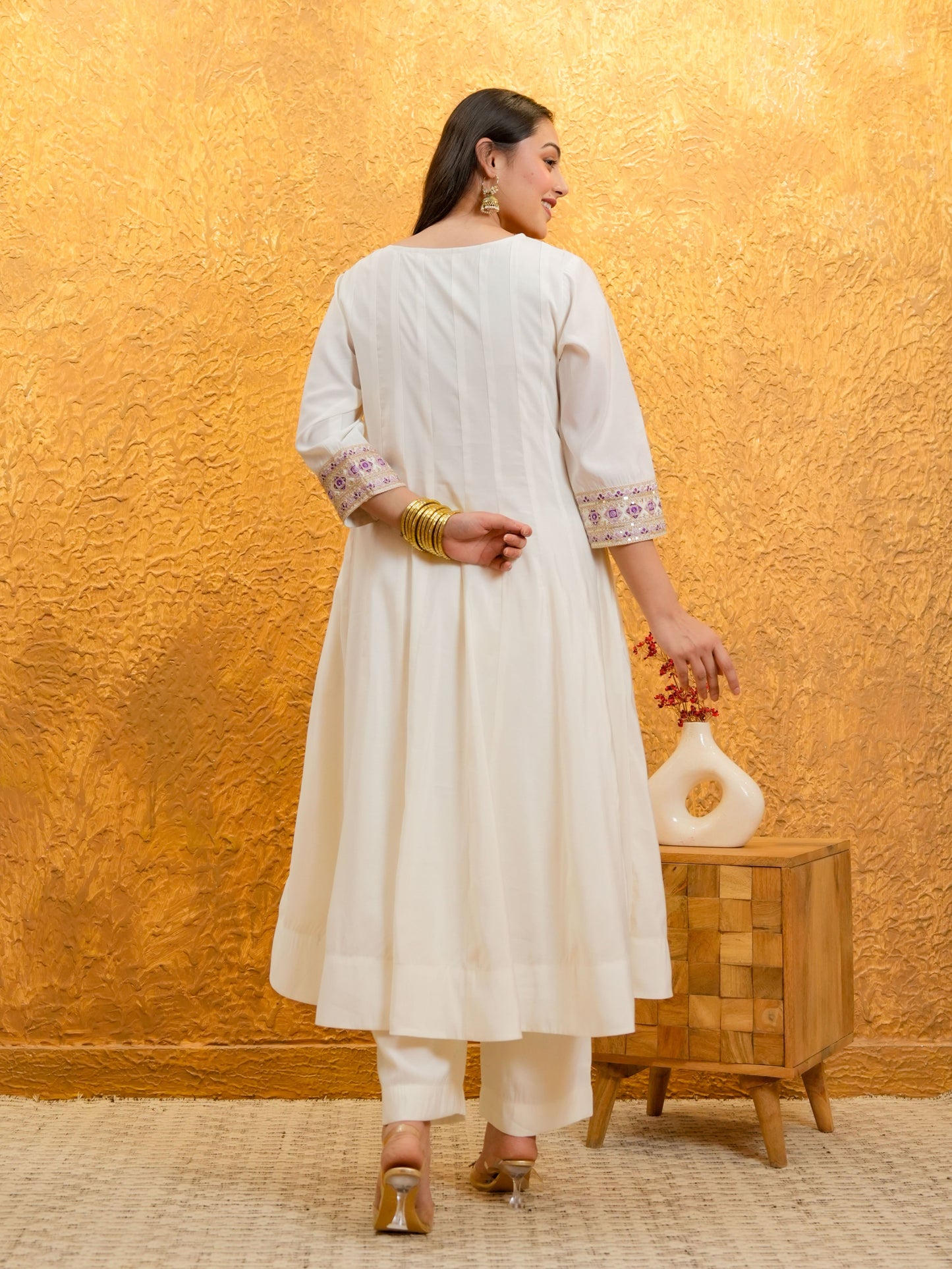 Embroidered Chanderi Solid Anarkali White Kurta