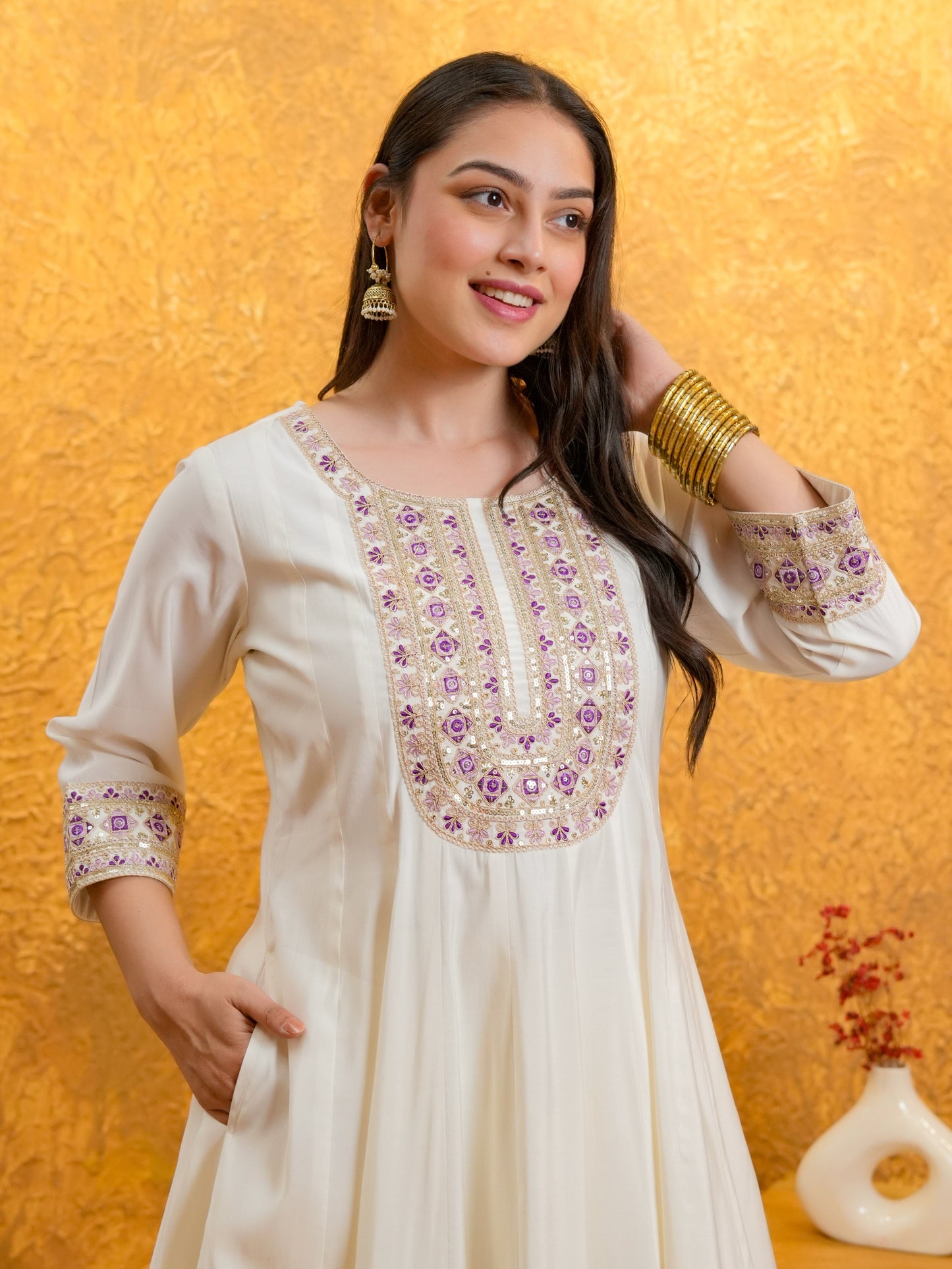 Embroidered Chanderi Solid Anarkali White Kurta