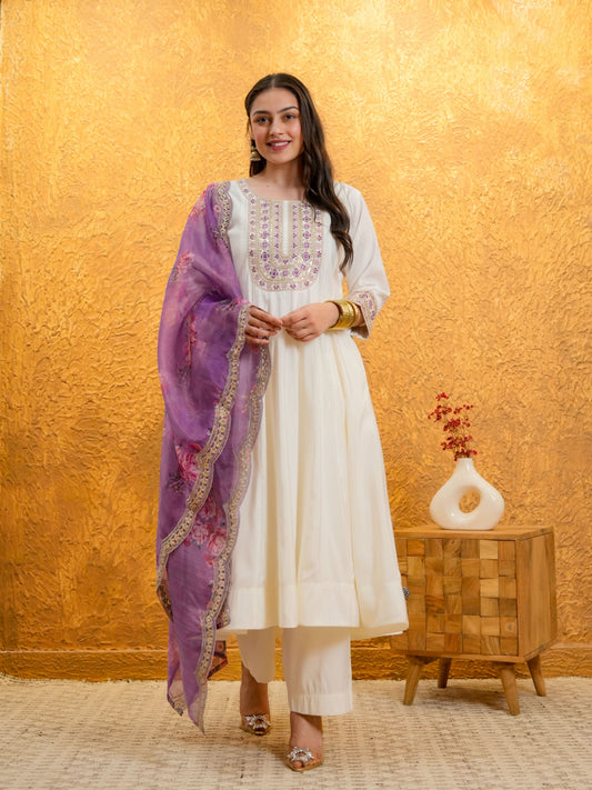 Embroidered Organza Floral Plain Purple Dupatta