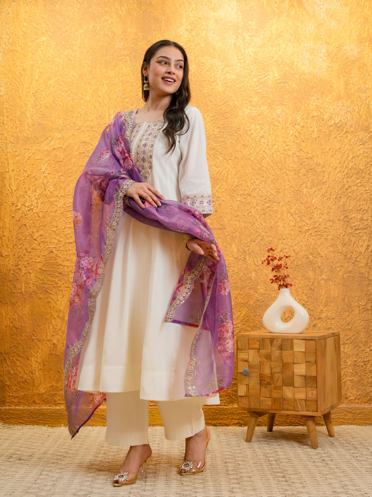 Embroidered Organza Floral Plain Purple Dupatta