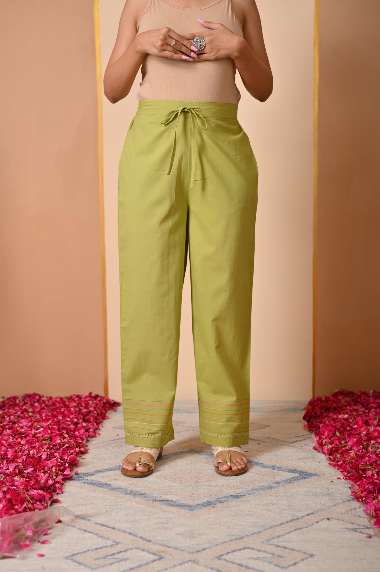 Embroidered Soft cotton Solid Green Regular Trousers