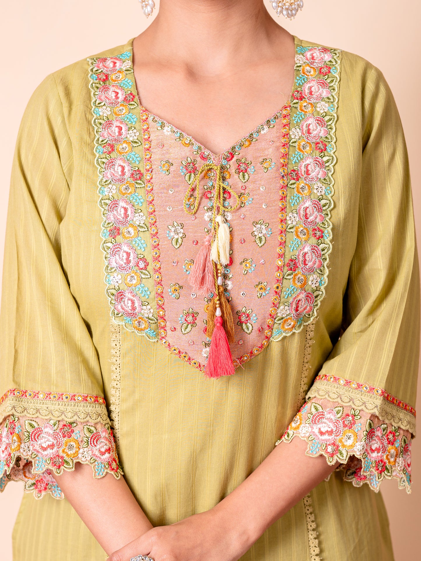 Embroidered Cotton dobby Solid Straight Green Kurta