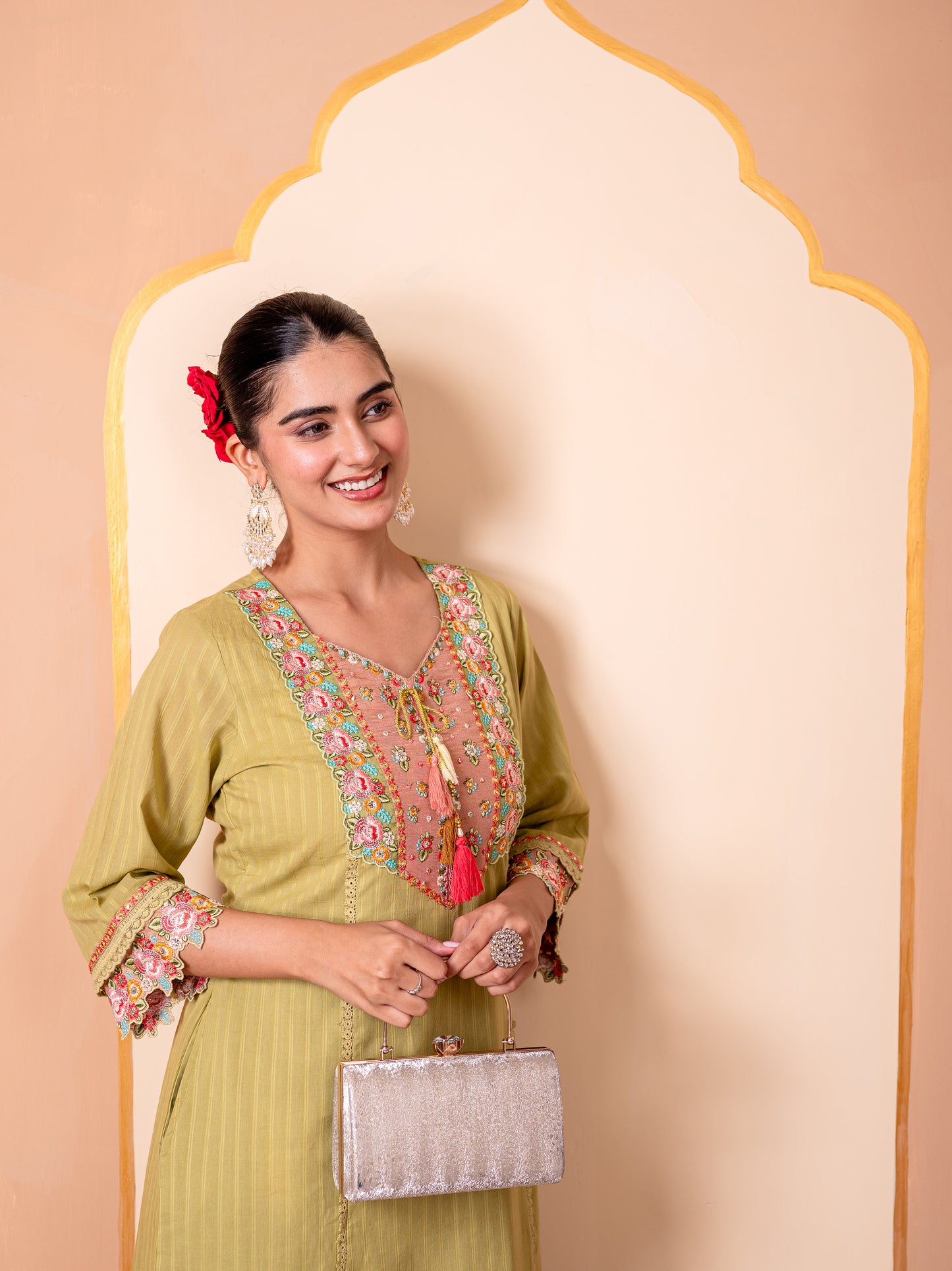 Embroidered Cotton dobby Solid Straight Green Kurta