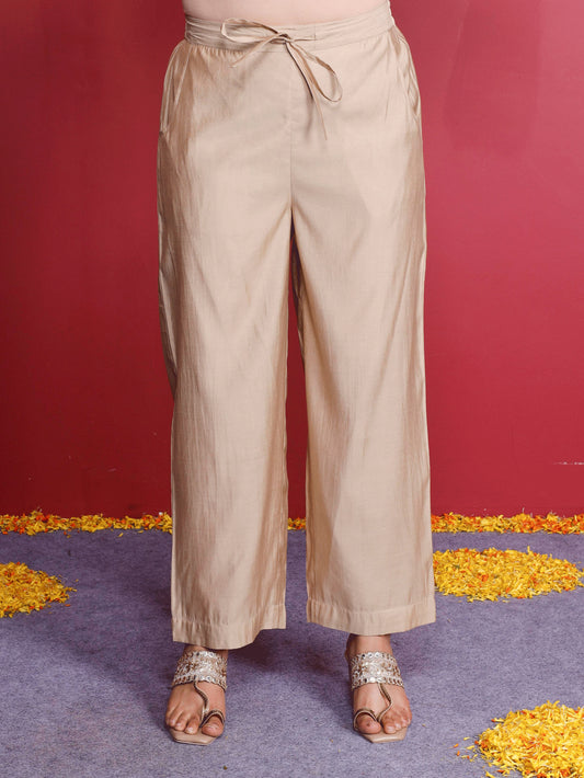 Blended silk Solid Beige Straight Trousers