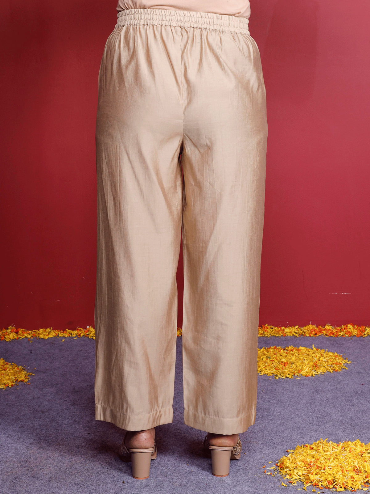Blended Silk Solid Beige Straight Trousers