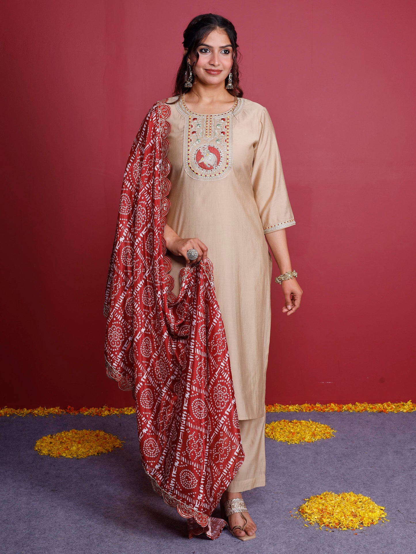 Embroidered Silk Bandhani Rust Dupatta