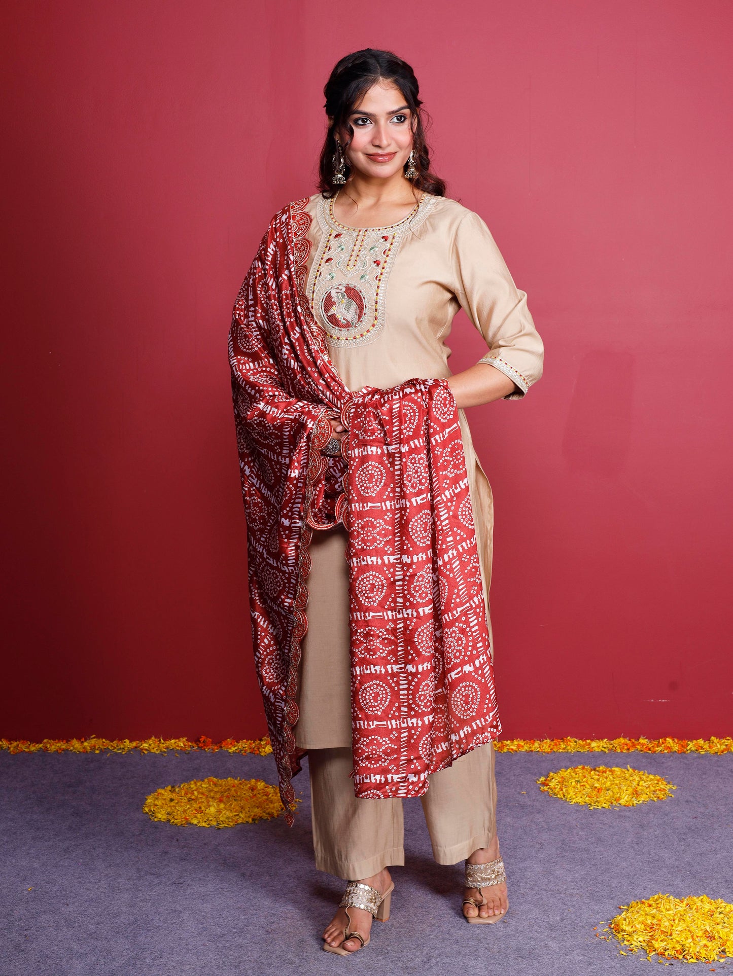 Embroidered Silk Bandhani Rust Dupatta