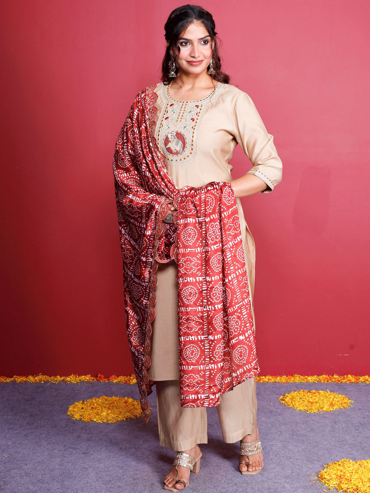 Embroidered Blended Silk Solid Straight Beige Kurta
