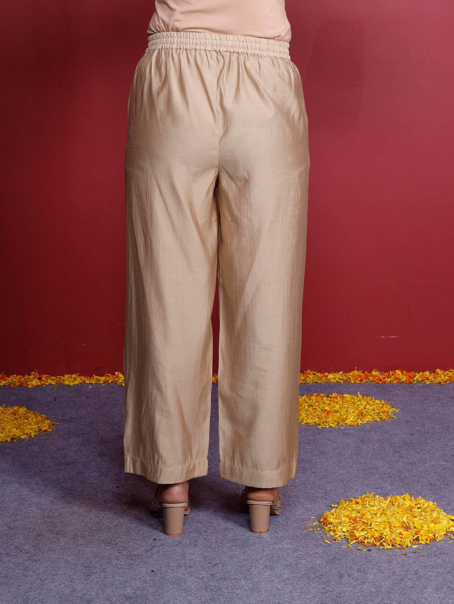 Embroidered Blended silk Solid Straight Beige Kurta