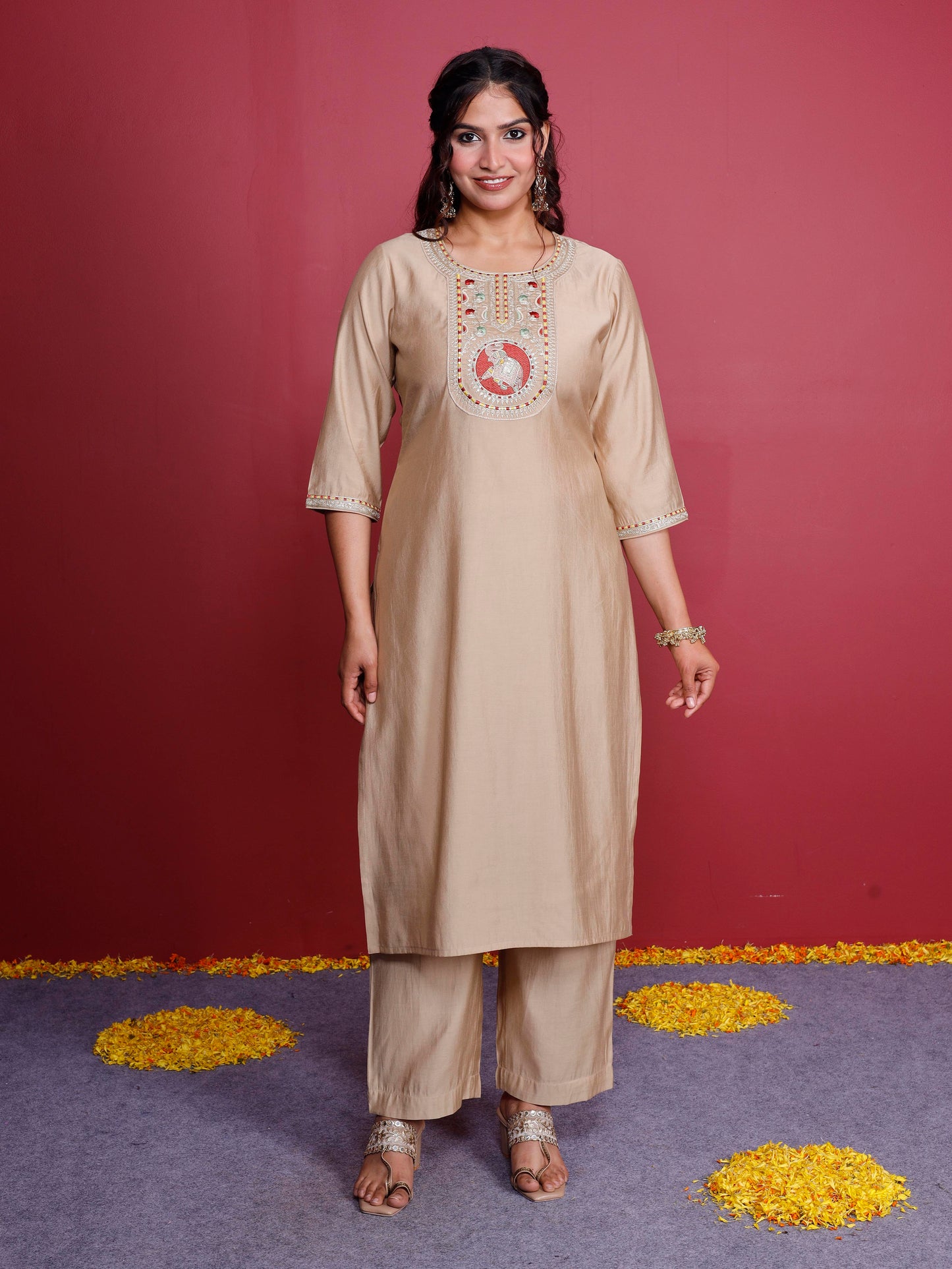 Embroidered Blended silk Solid Straight Beige Kurta