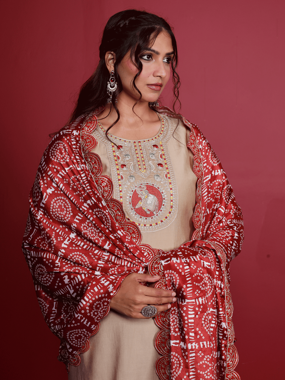 Embroidered Blended Silk Solid Straight Beige Kurta