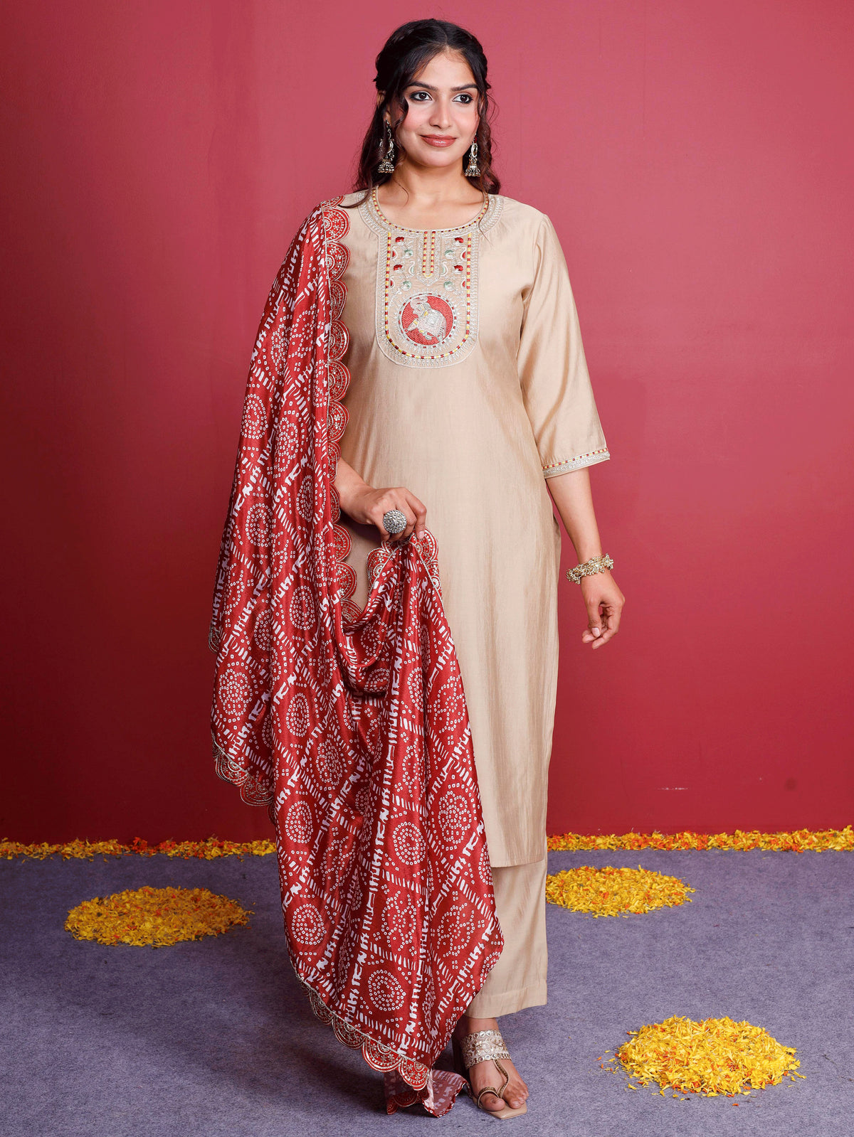 Embroidered Blended Silk Solid Straight Beige Kurta