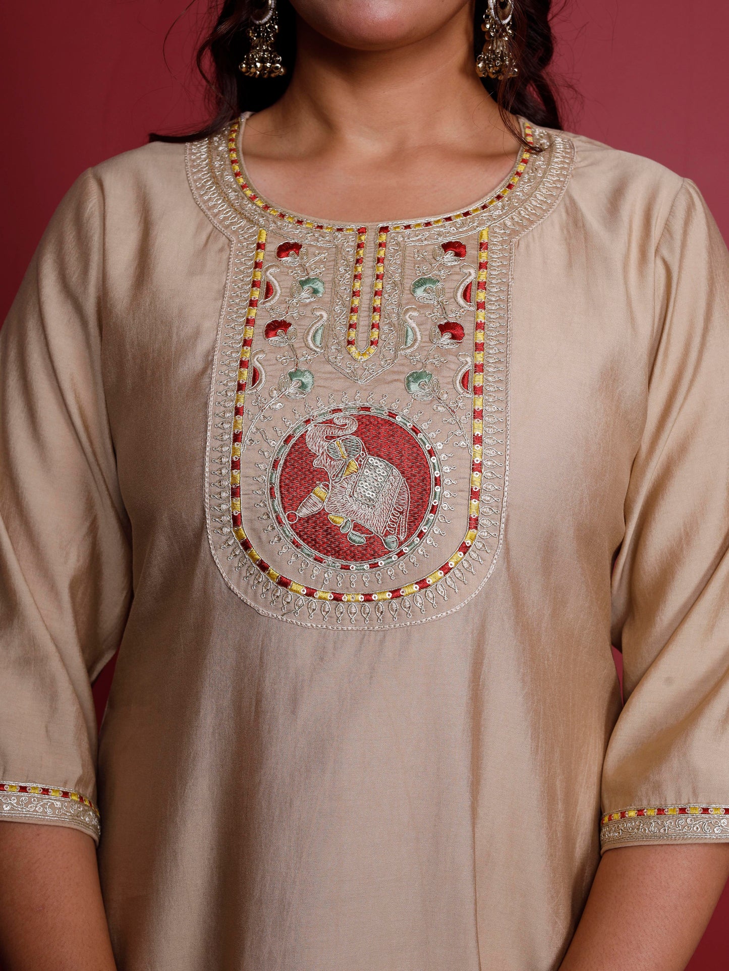 Embroidered Blended silk Solid Straight Beige Kurta