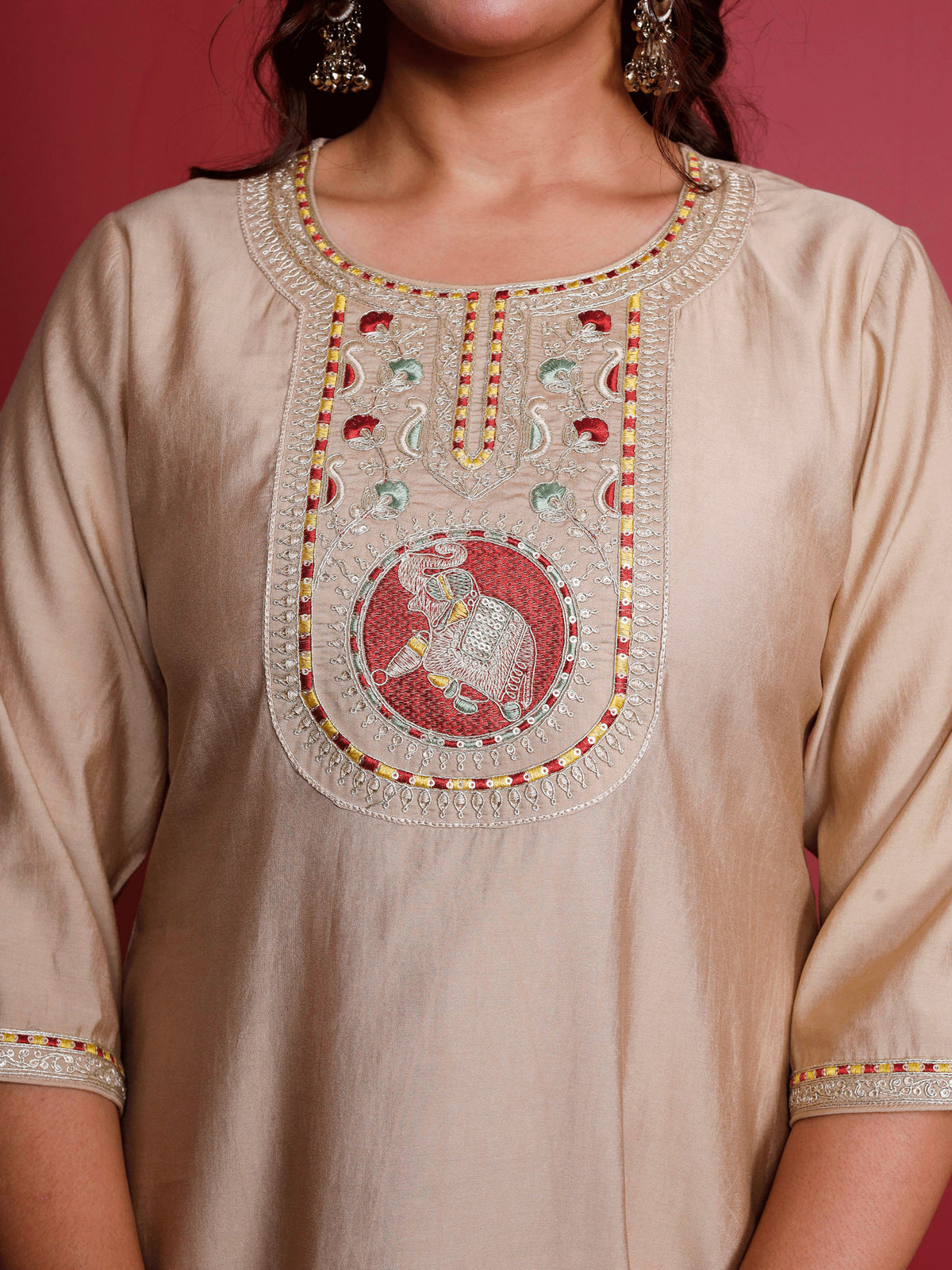 Embroidered Blended Silk Solid Straight Beige Kurta