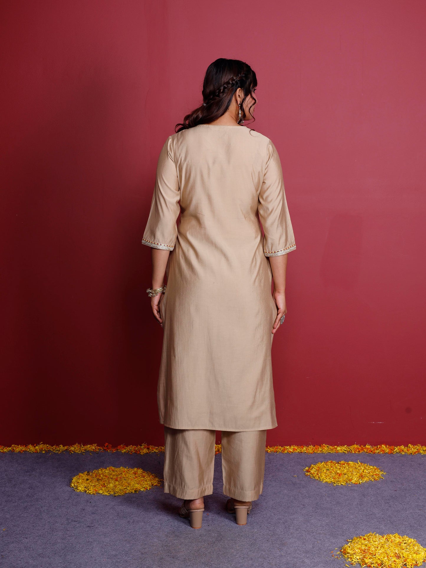 Embroidered Blended silk Solid Straight Beige Kurta