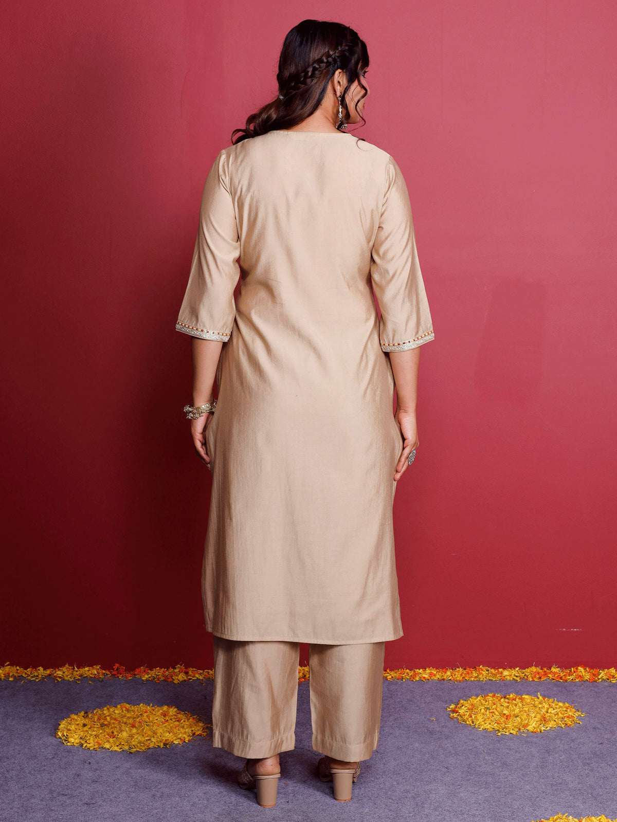 Embroidered Blended Silk Solid Straight Beige Kurta