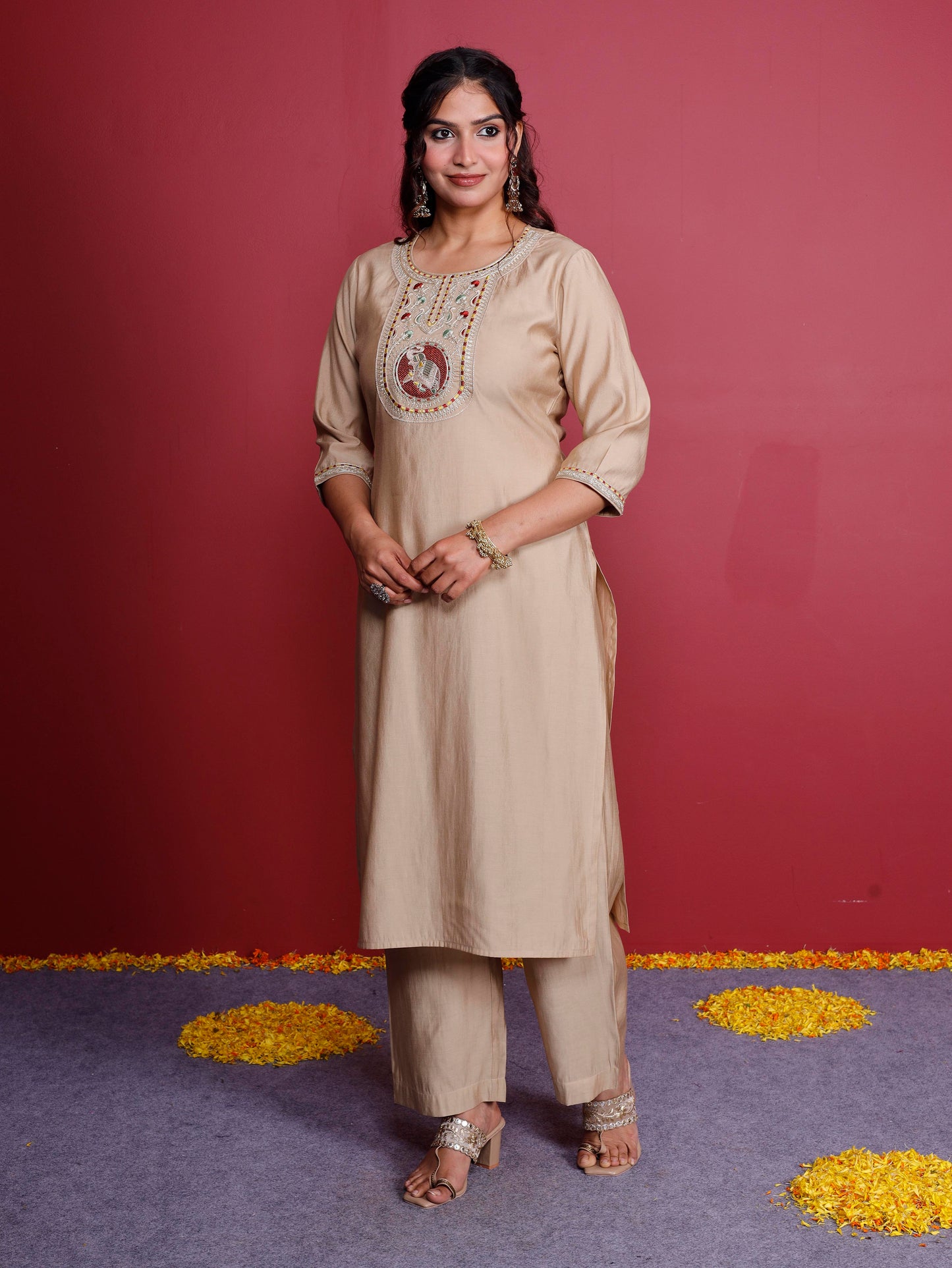 Embroidered Blended silk Solid Straight Beige Kurta