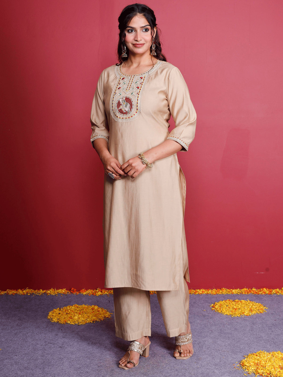 Embroidered Blended Silk Solid Straight Beige Kurta