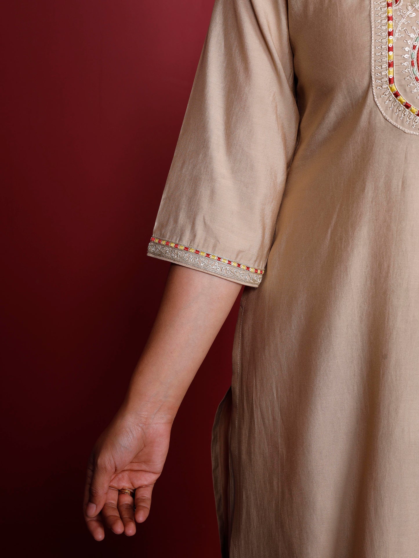 Embroidered Blended silk Solid Straight Beige Kurta