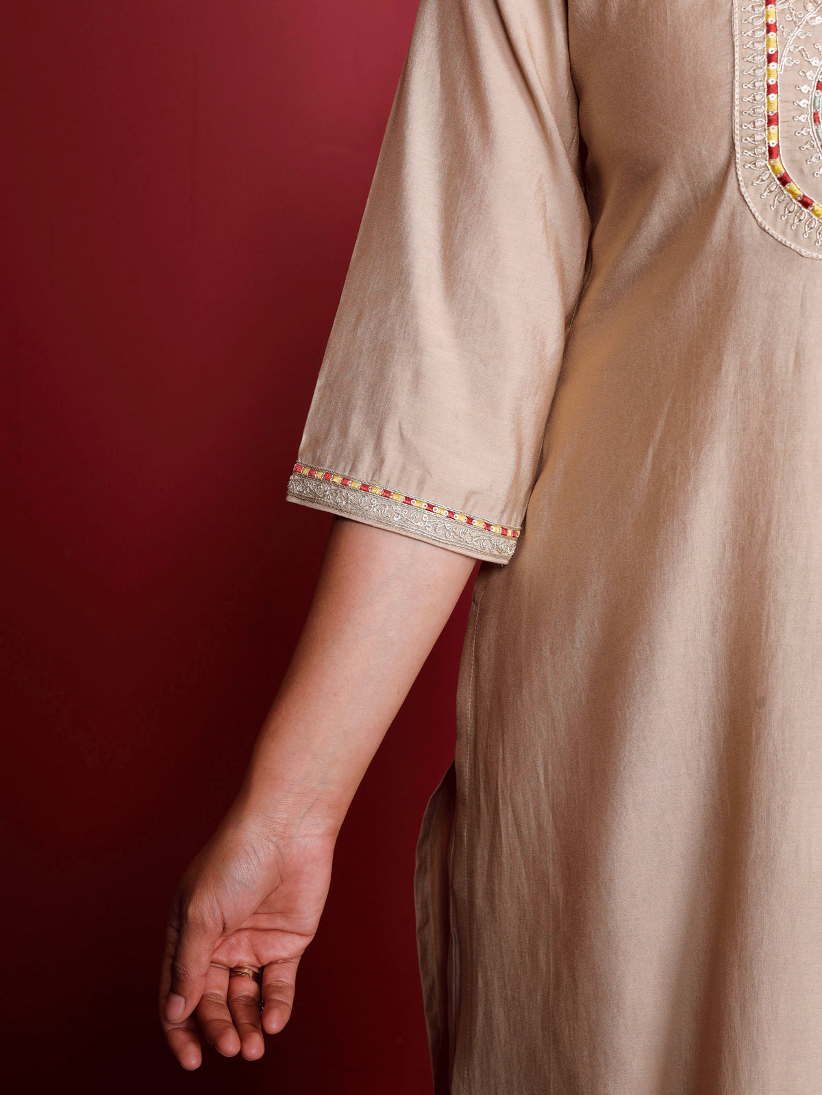 Embroidered Blended Silk Solid Straight Beige Kurta
