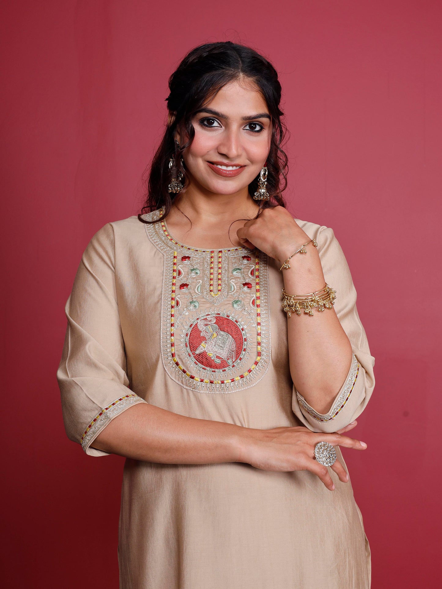 Embroidered Blended silk Solid Straight Beige Kurta