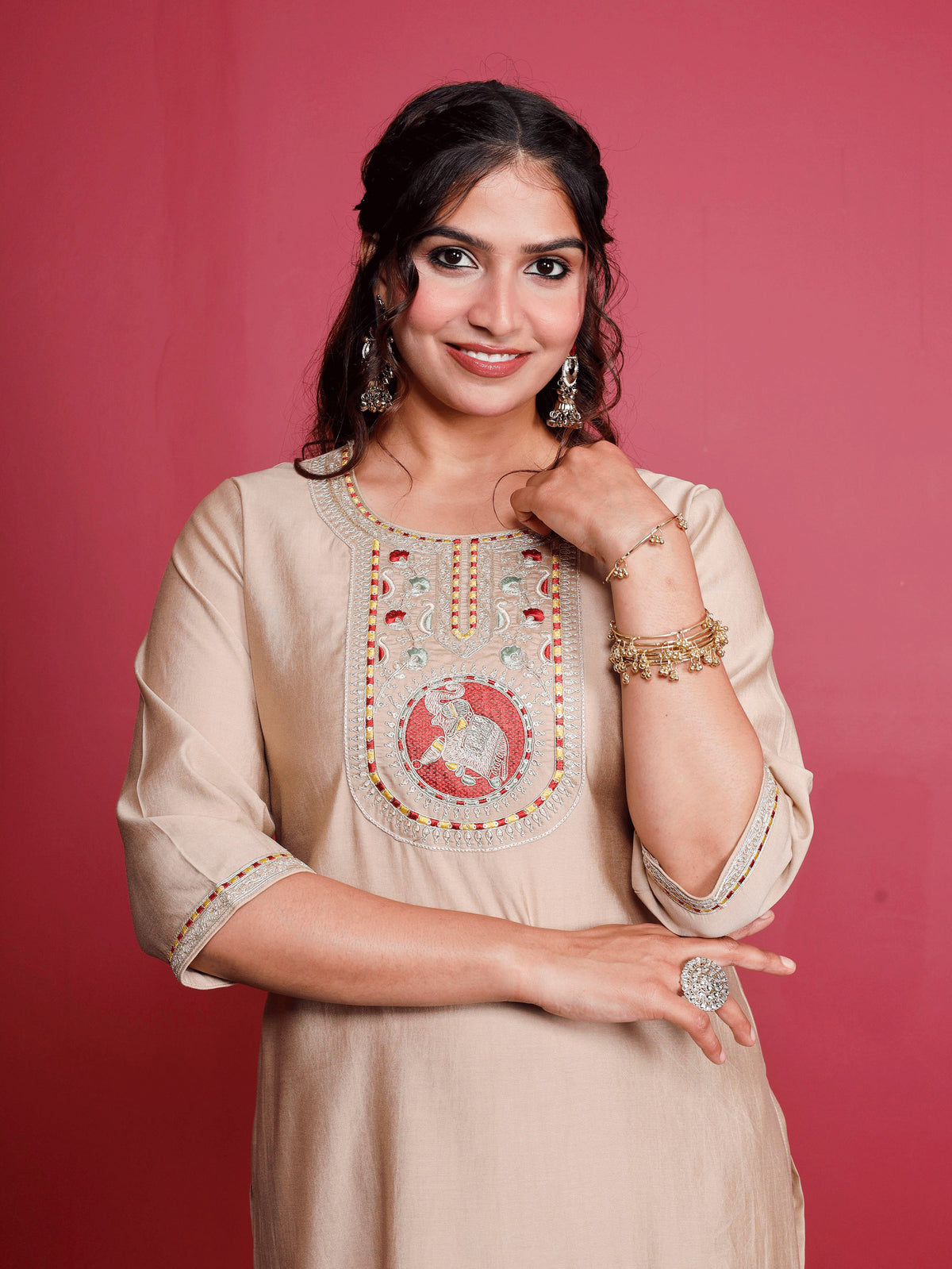 Embroidered Blended Silk Solid Straight Beige Kurta