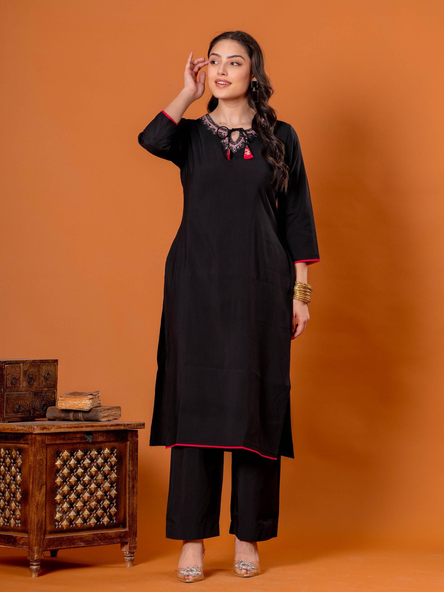 Embroidered Chanderi Solid Straight Black Kurta