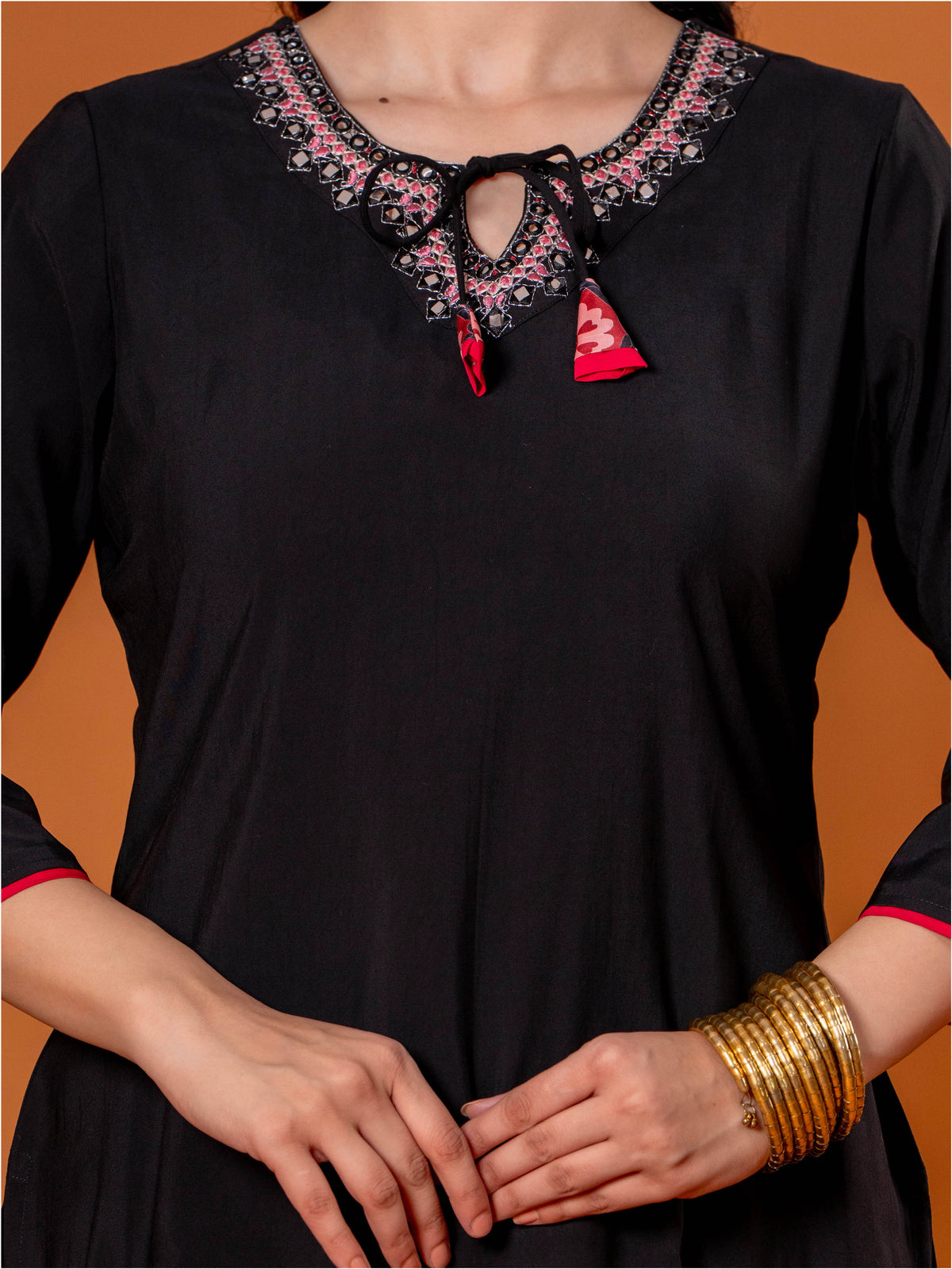 Embroidered Chanderi Solid Straight Black Kurta
