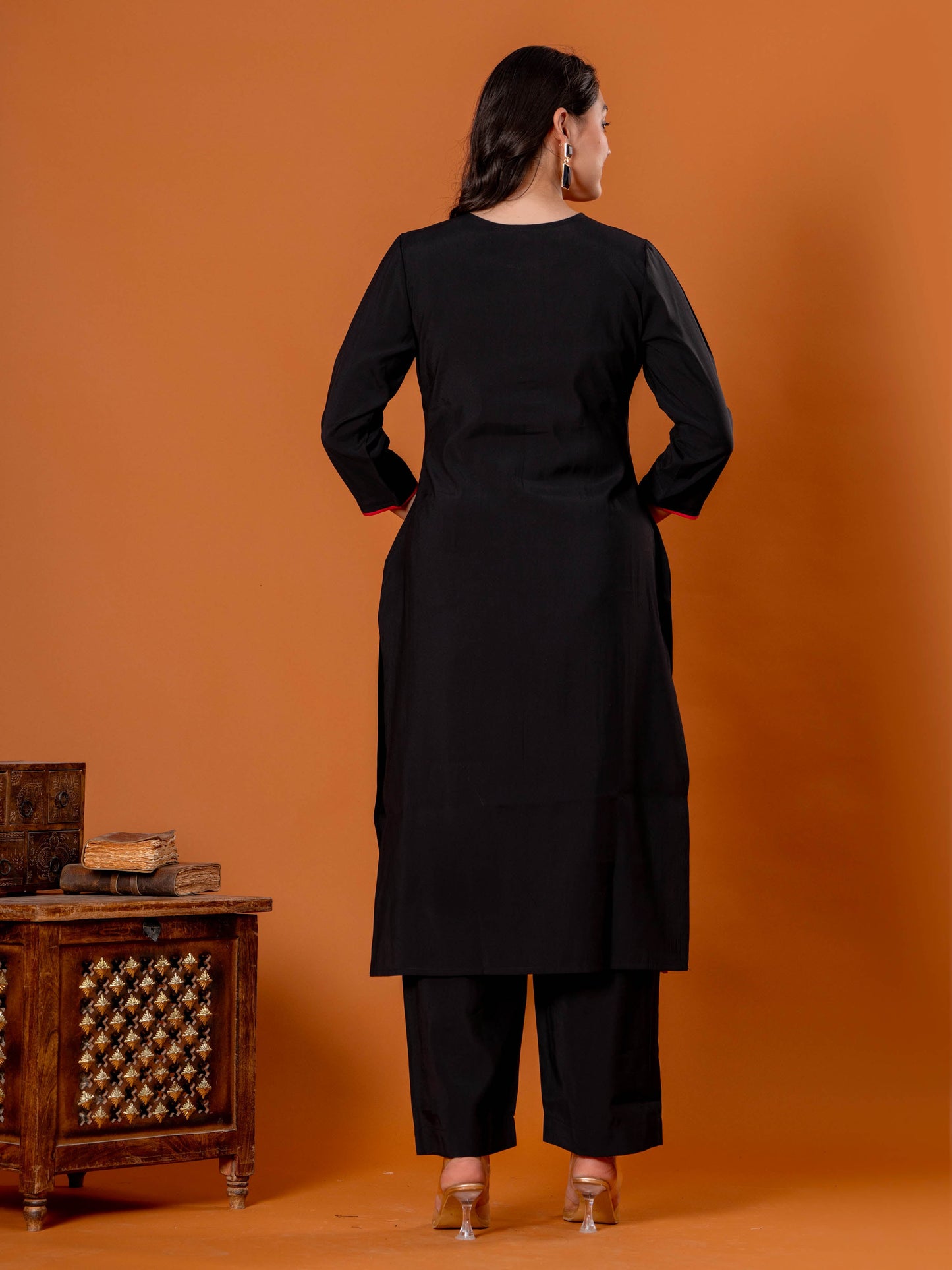 Embroidered Chanderi Solid Straight Black Kurta