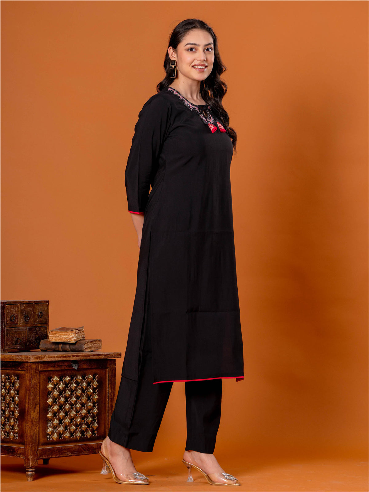 Embroidered Chanderi Solid Straight Black Kurta