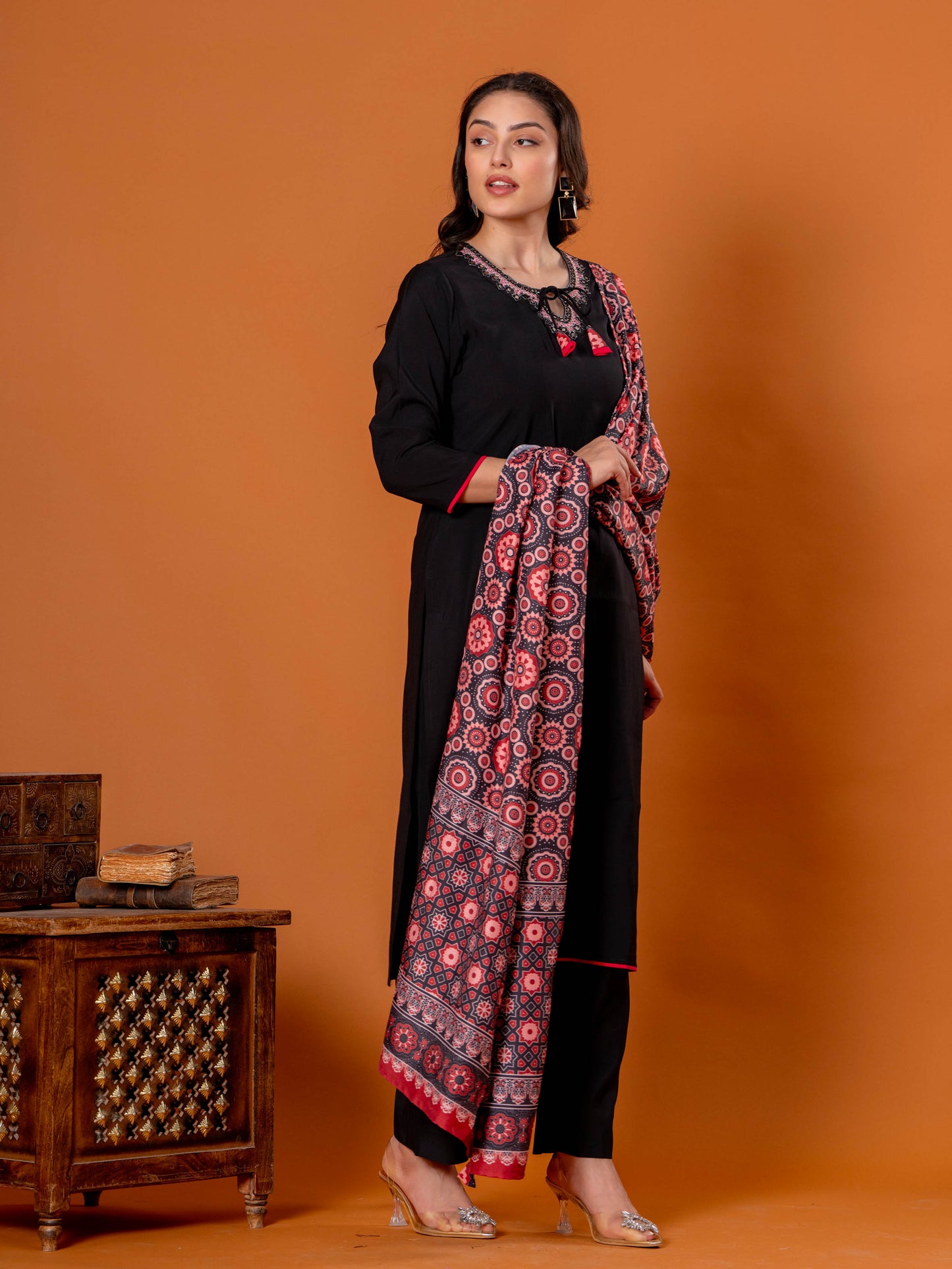 Embroidered Chanderi Solid Straight Black Kurta