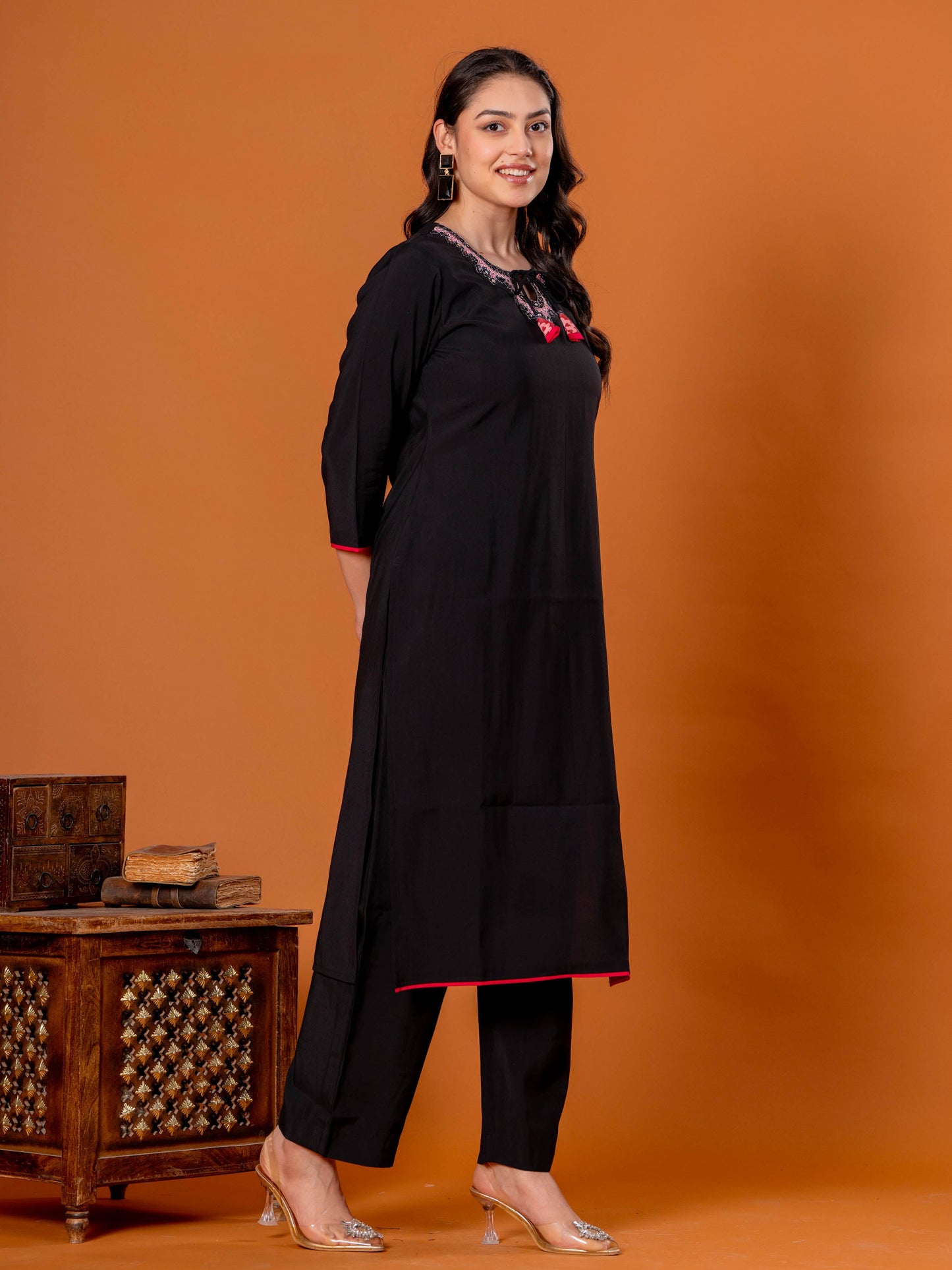 Embroidered Chanderi Solid Straight Black Kurta