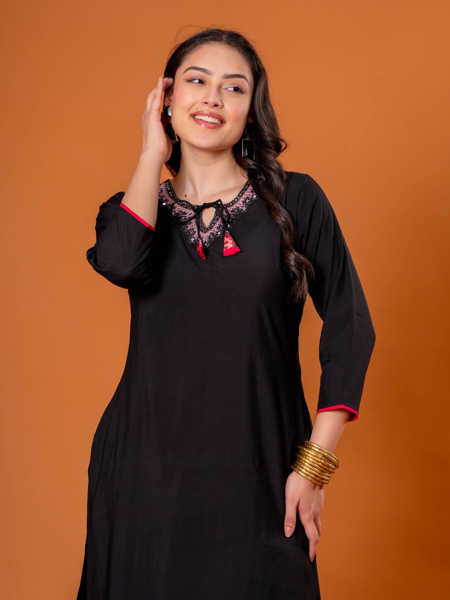 Embroidered Chanderi Solid Straight Black Kurta