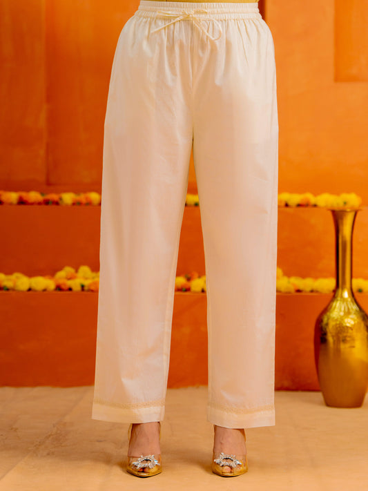 Soft cotton Solid Off White Regular Trousers