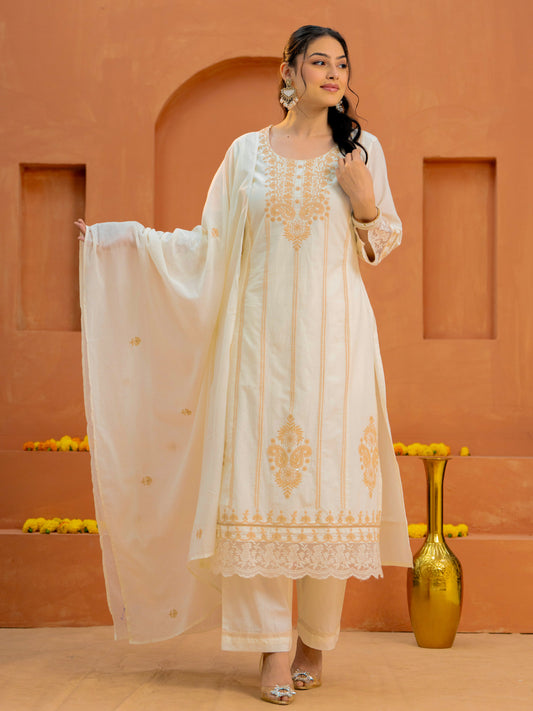 Embroidered Cotton voile Solid Off White Dupatta