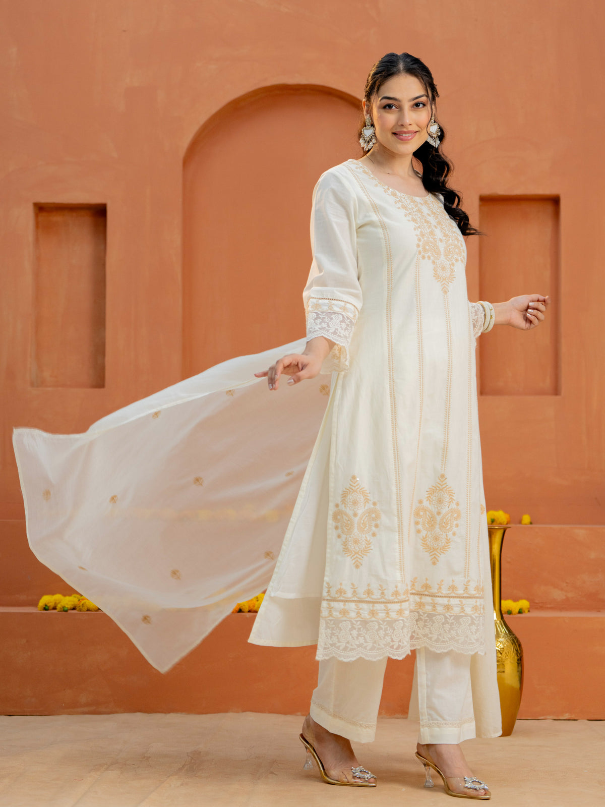 Embroidered Soft cotton Solid Straight Off White Kurta