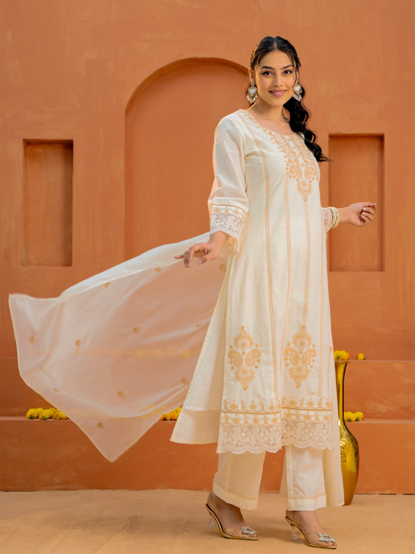 Embroidered Soft cotton Solid Straight Off White Kurta