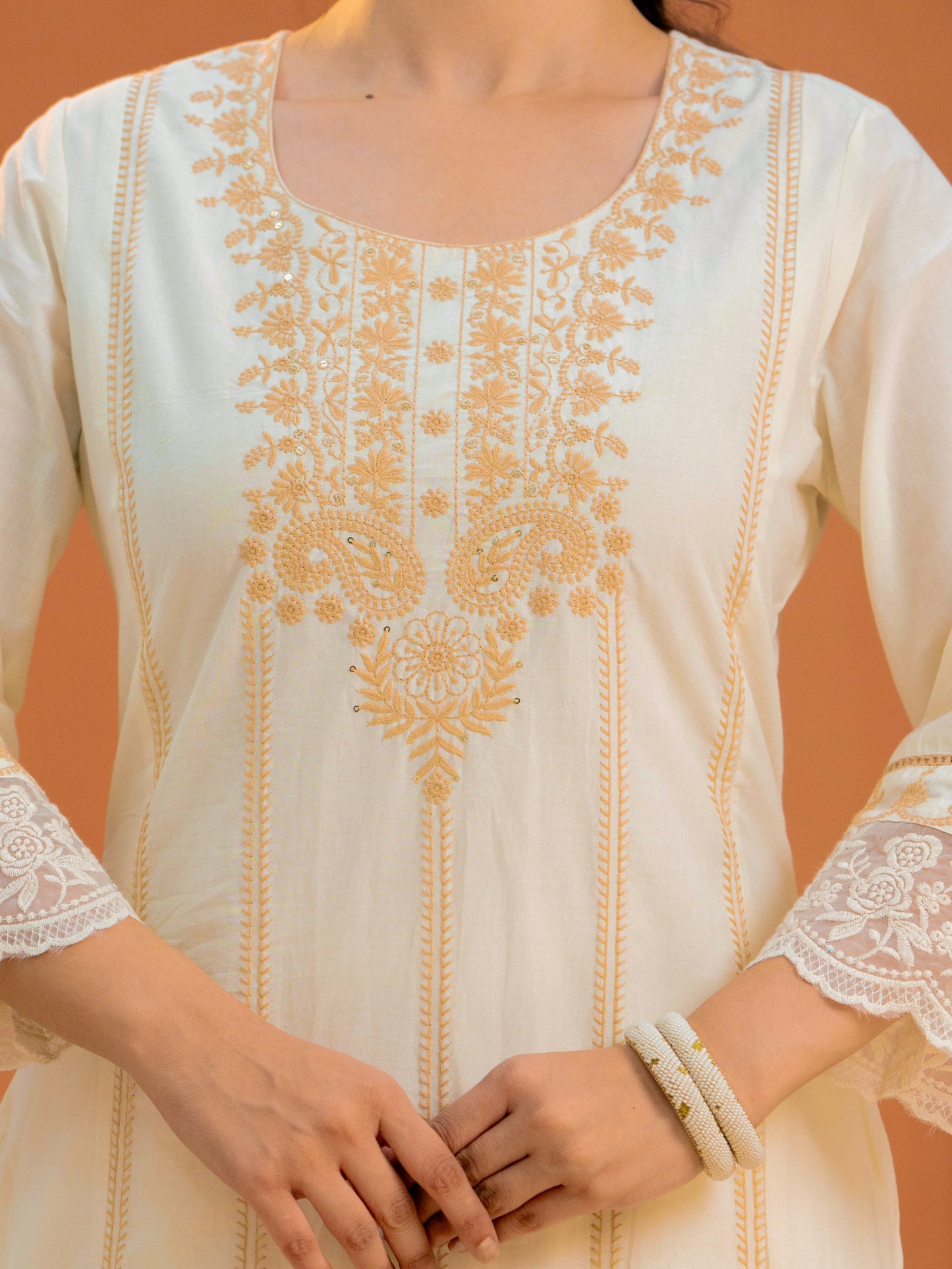 Embroidered Soft cotton Solid Straight Off White Kurta