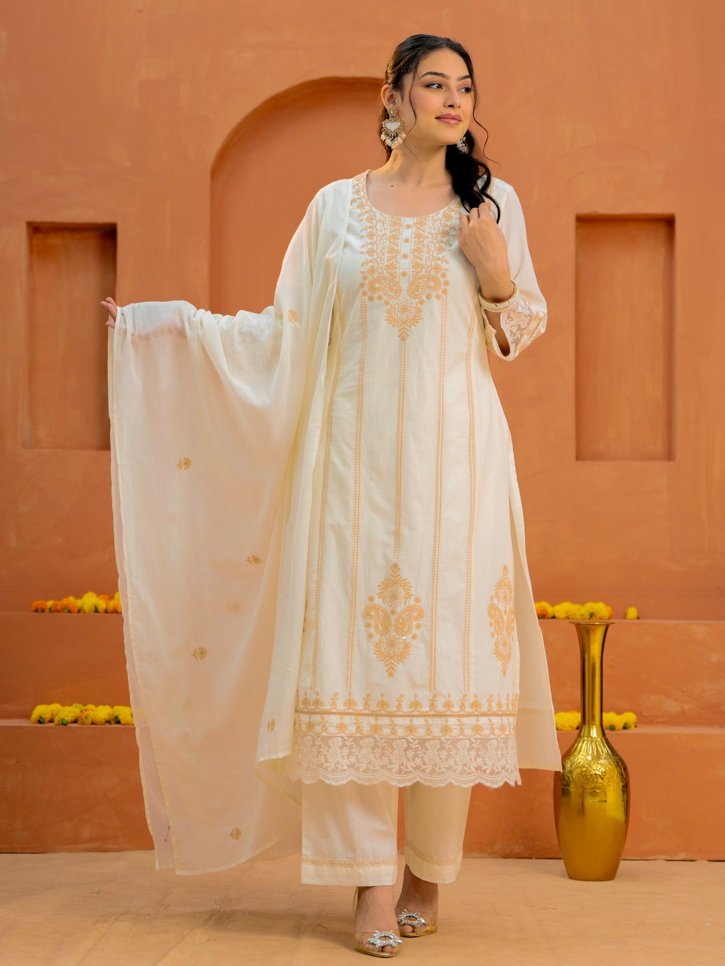 Embroidered Soft cotton Solid Straight Off White Kurta