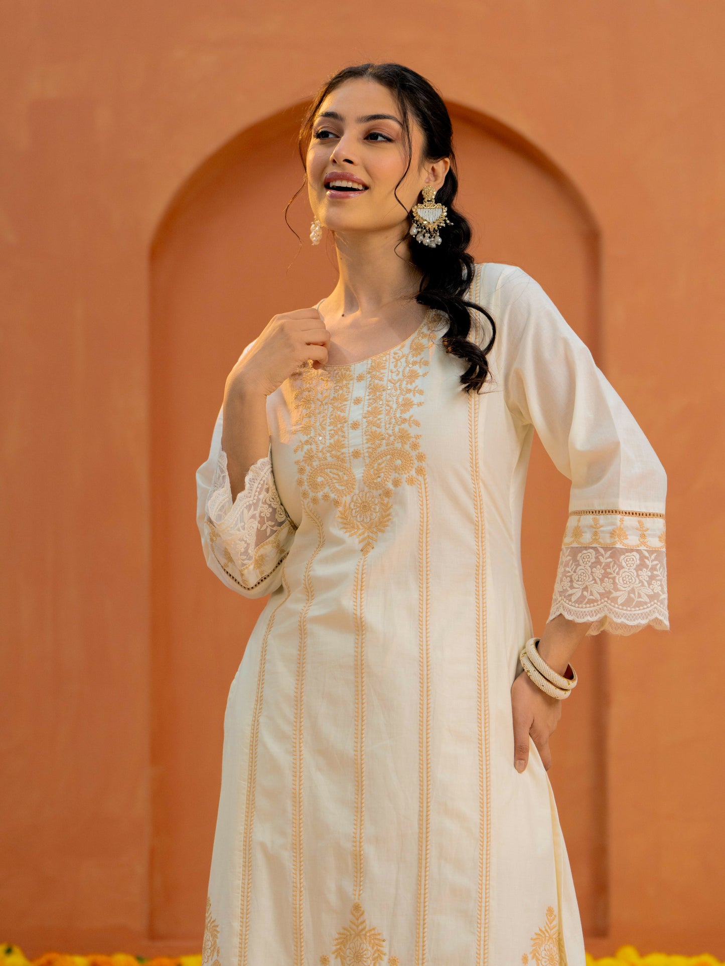 Embroidered Soft cotton Solid Straight Off White Kurta