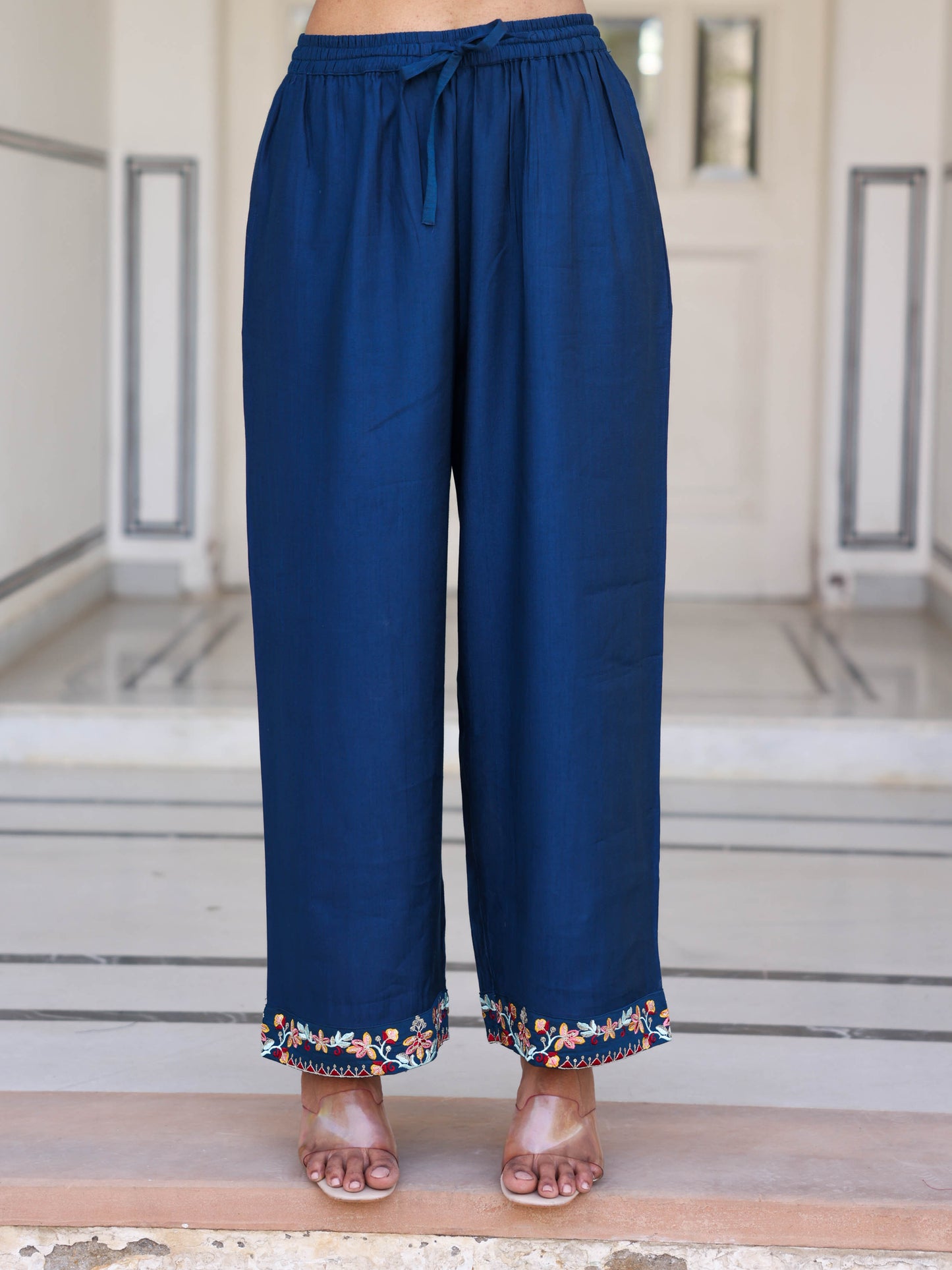 Embroidered Vertigan Solid Blue Palazzo