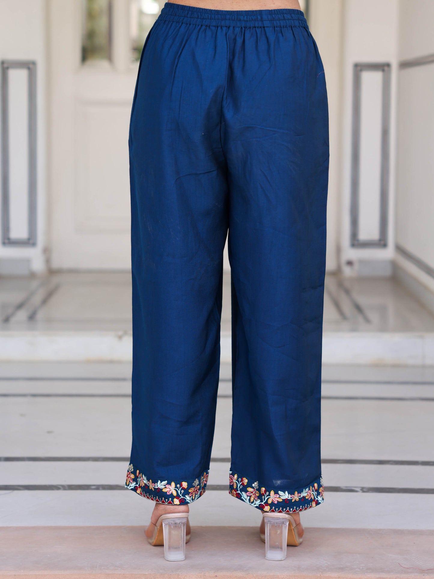 Embroidered Vertigan Solid Blue Palazzo