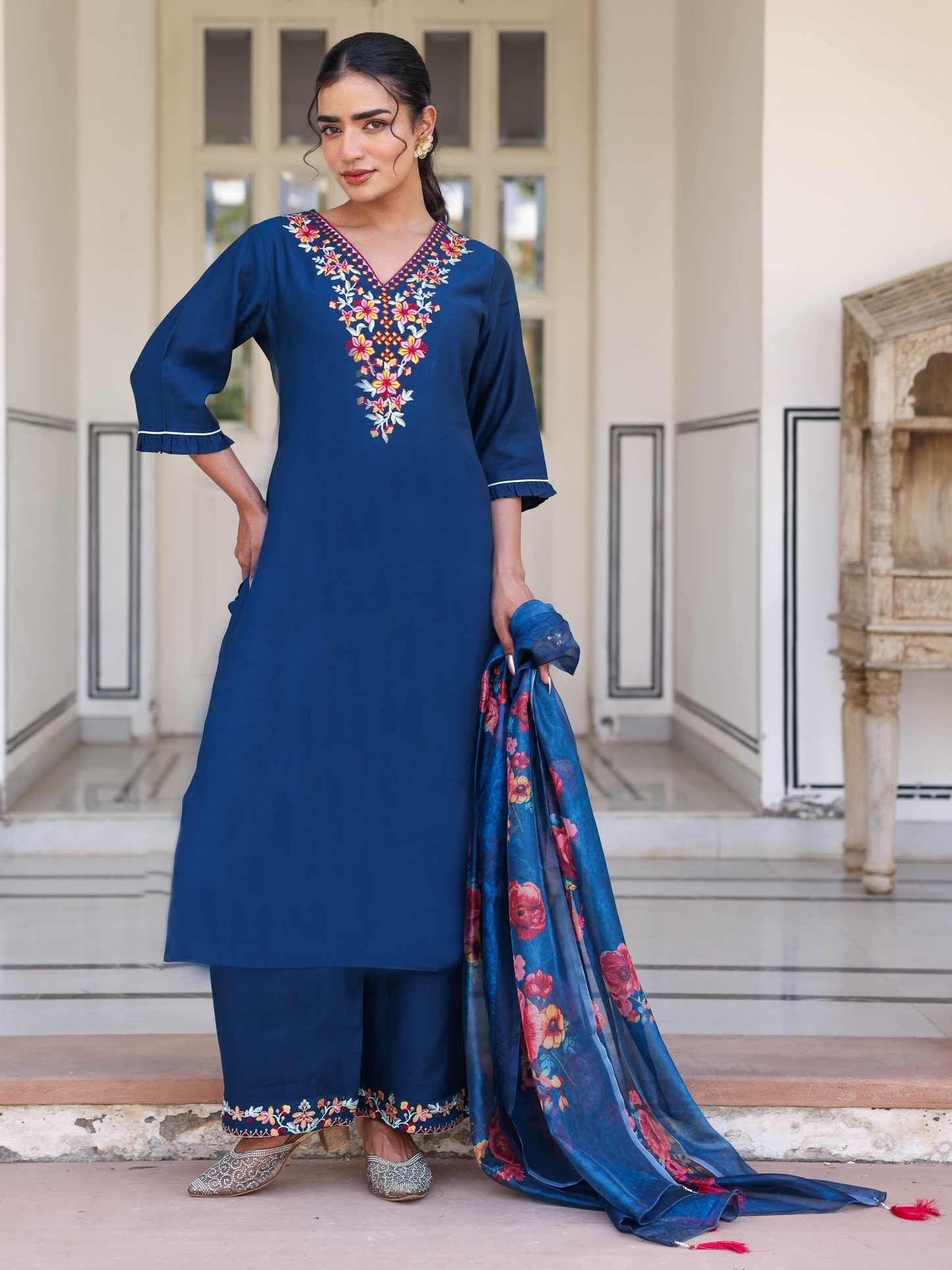 Organza Floral Blue Dupatta