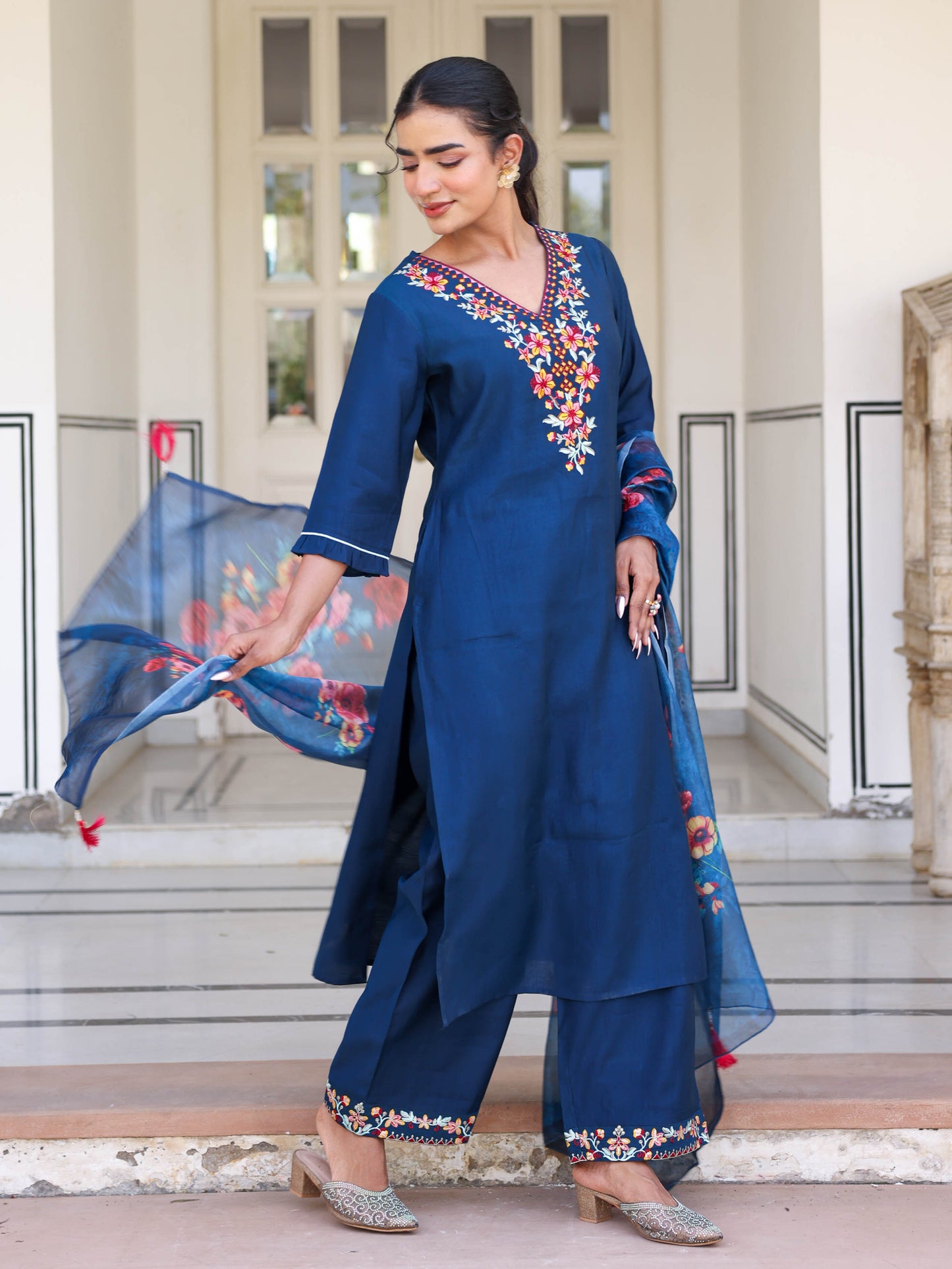 Organza Floral Blue Dupatta