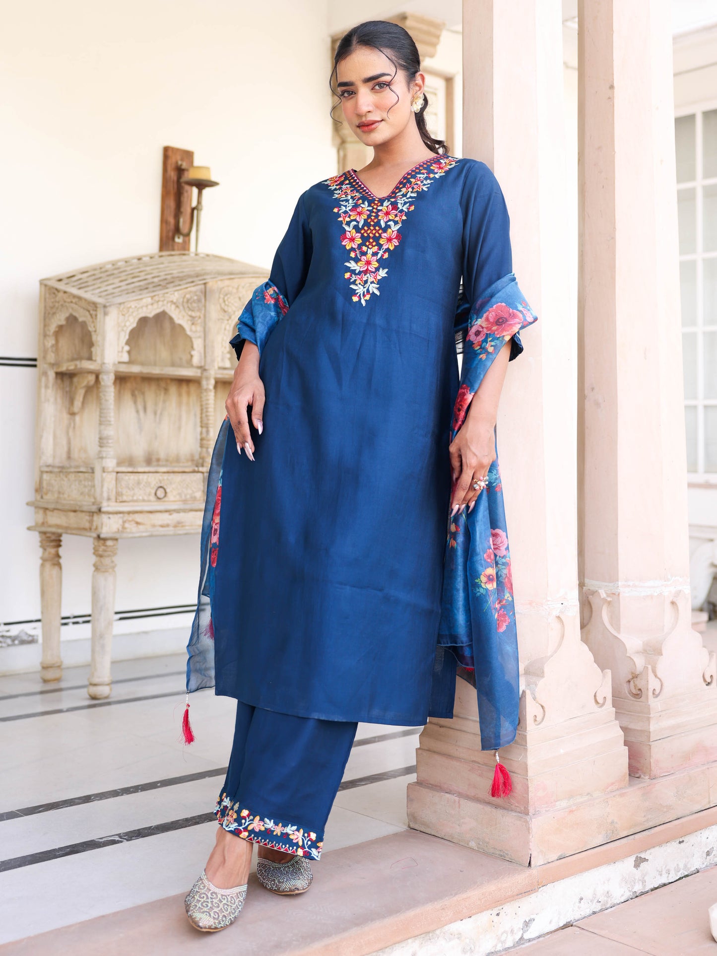 Organza Floral Blue Dupatta