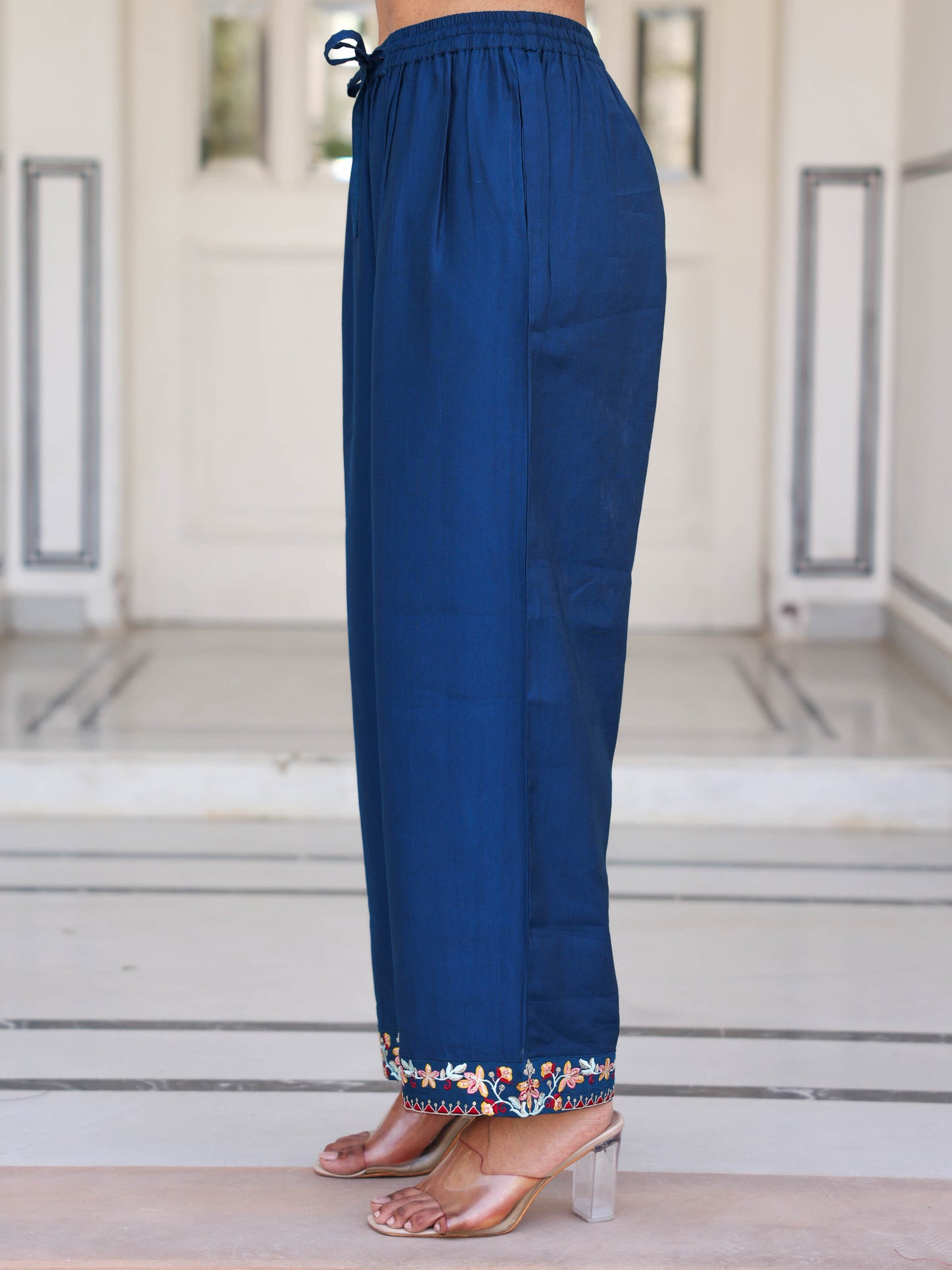 Embroidered Blended Silk Solid Straight Blue Kurta