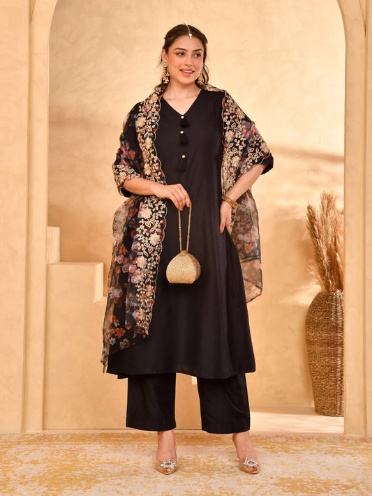 Embroidered Organza Floral Black Dupatta