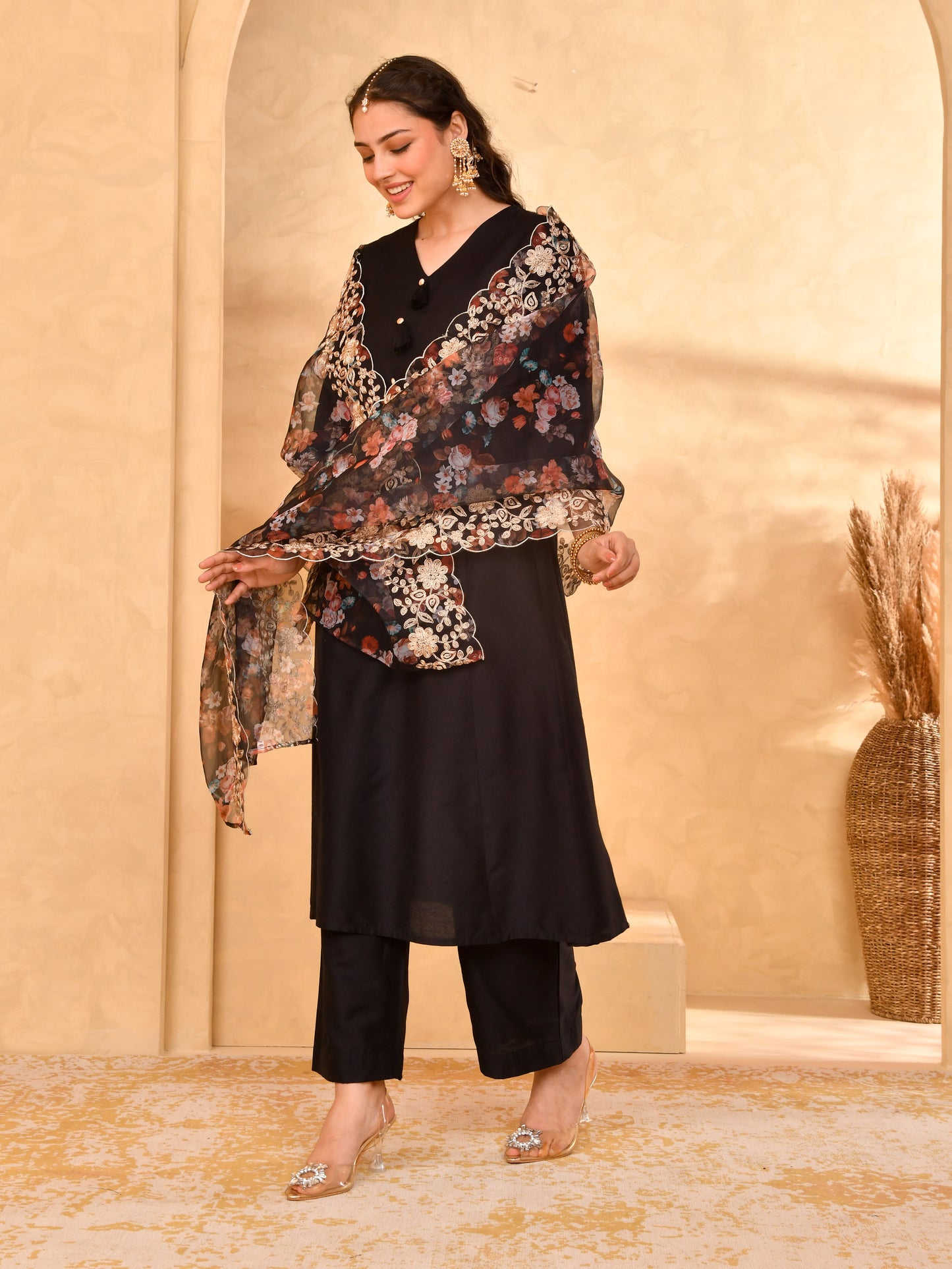 Embroidered Organza Floral Black Dupatta